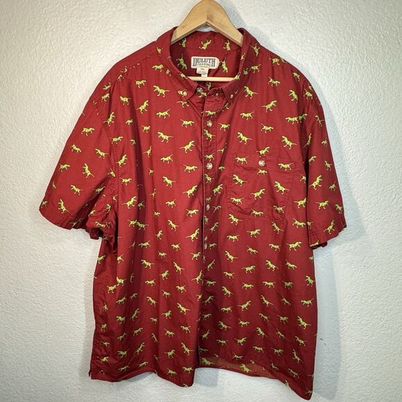 Duluth Trading Shirt Button Front Short Sleeve Red Dinosaur Print Rare Men 3XL - Picture 1 of 9